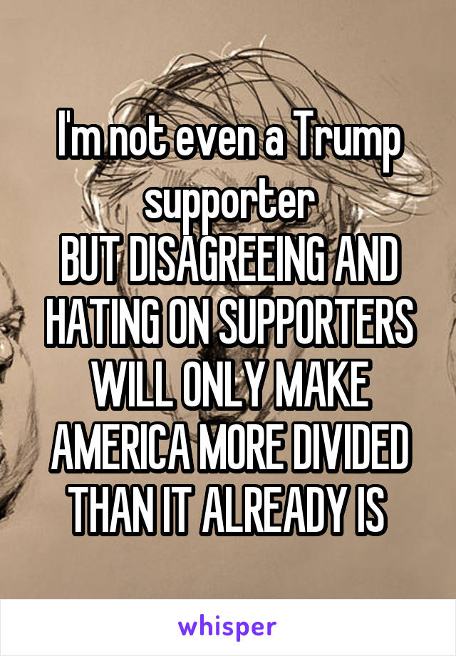 I'm not even a Trump supporter
BUT DISAGREEING AND HATING ON SUPPORTERS WILL ONLY MAKE AMERICA MORE DIVIDED THAN IT ALREADY IS 