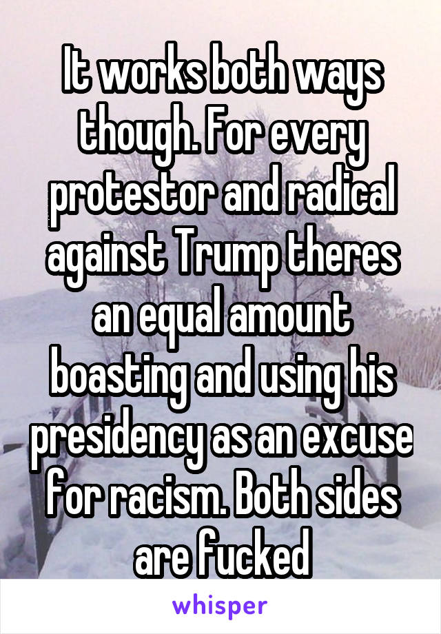 It works both ways though. For every protestor and radical against Trump theres an equal amount boasting and using his presidency as an excuse for racism. Both sides are fucked