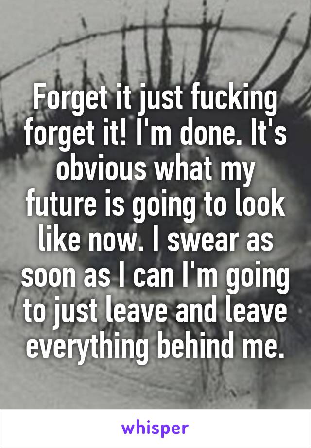 Forget it just fucking forget it! I'm done. It's obvious what my future is going to look like now. I swear as soon as I can I'm going to just leave and leave everything behind me.