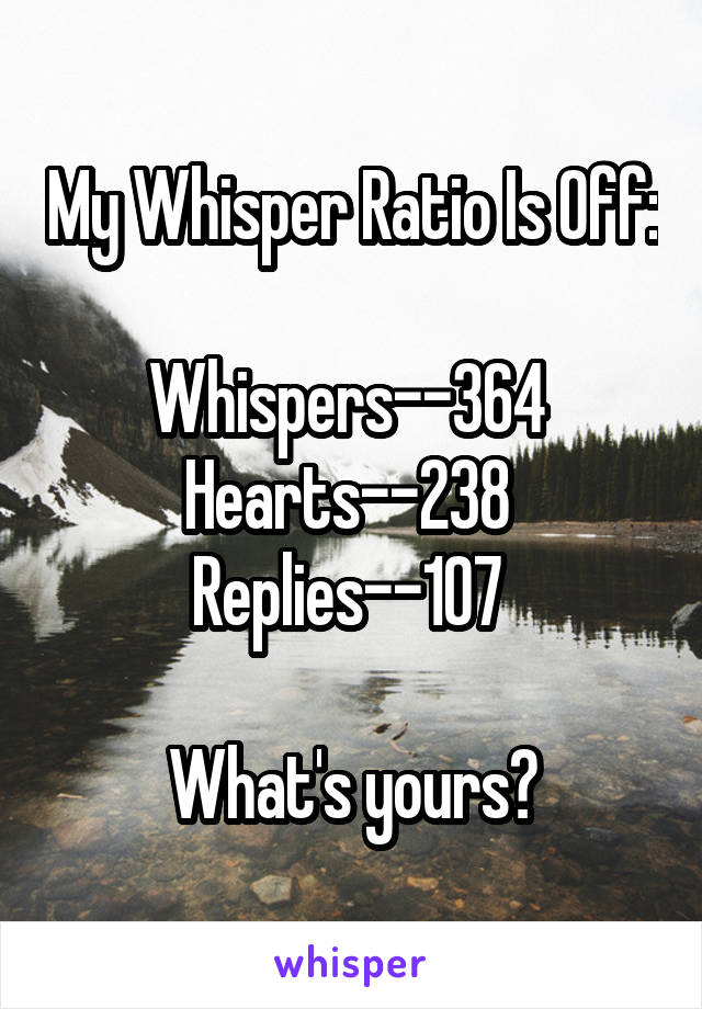 My Whisper Ratio Is Off: 
Whispers--364 
Hearts--238 
Replies--107 

What's yours?