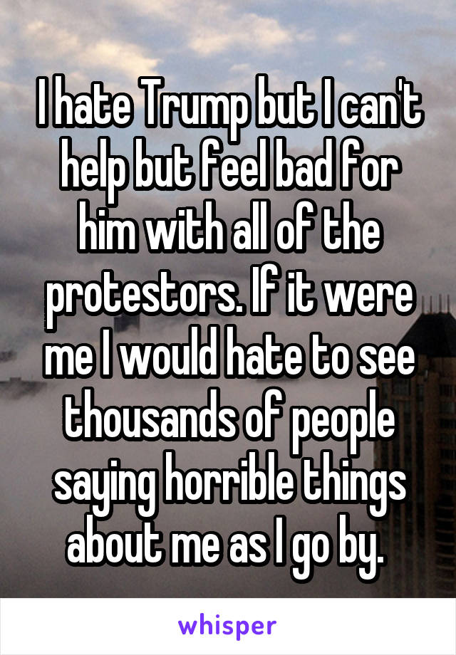 I hate Trump but I can't help but feel bad for him with all of the protestors. If it were me I would hate to see thousands of people saying horrible things about me as I go by. 