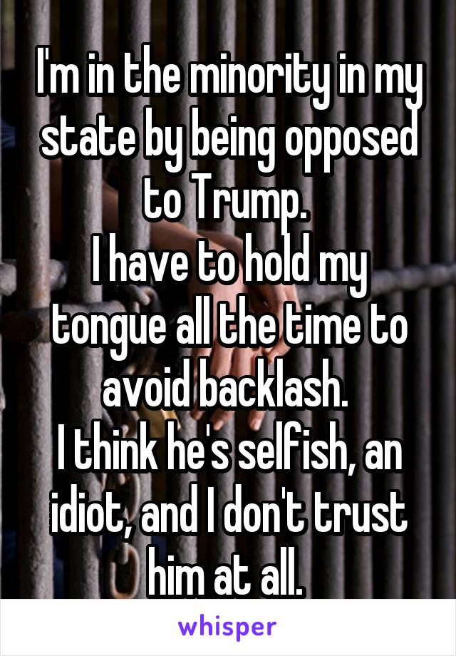 I'm in the minority in my state by being opposed to Trump. 
I have to hold my tongue all the time to avoid backlash. 
I think he's selfish, an idiot, and I don't trust him at all. 