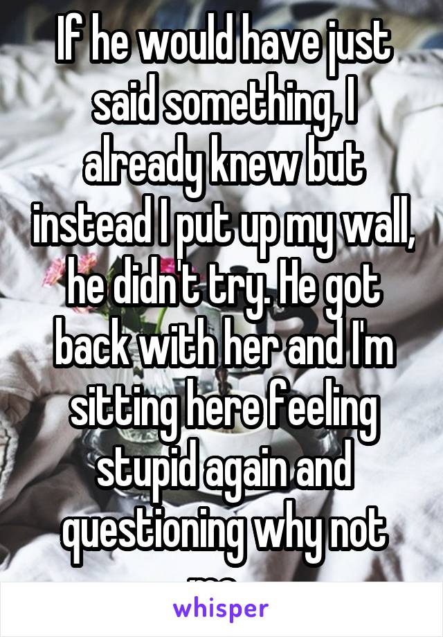 If he would have just said something, I already knew but instead I put up my wall, he didn't try. He got back with her and I'm sitting here feeling stupid again and questioning why not me...