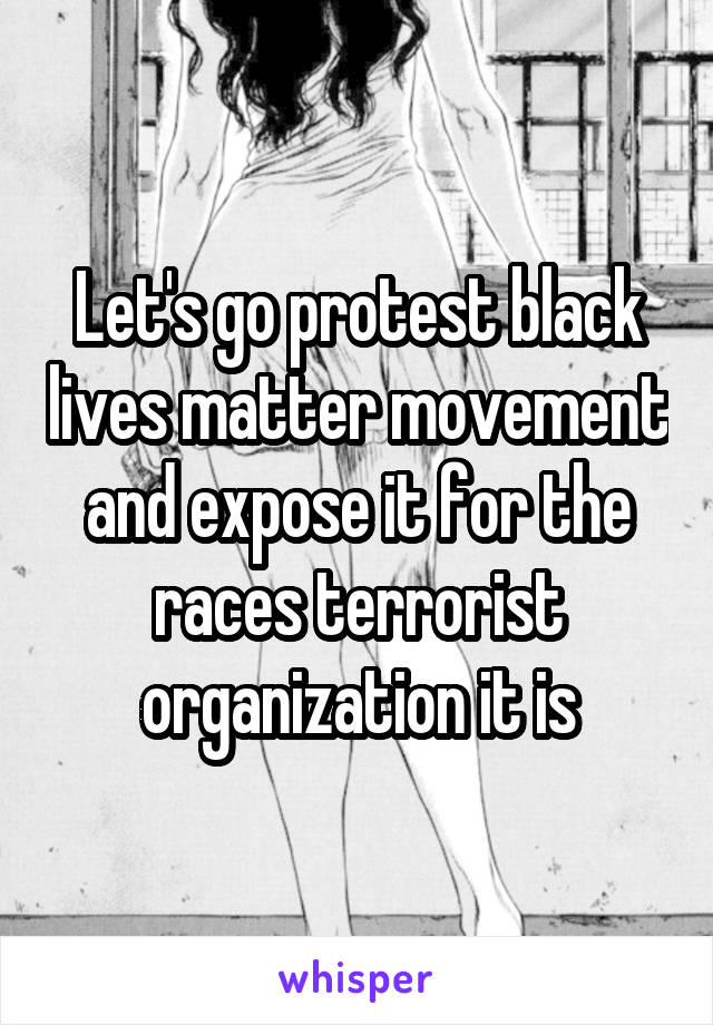 Let's go protest black lives matter movement and expose it for the races terrorist organization it is