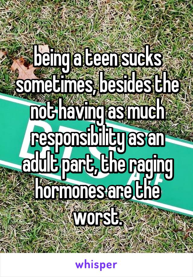 being a teen sucks sometimes, besides the not having as much responsibility as an adult part, the raging hormones are the worst.