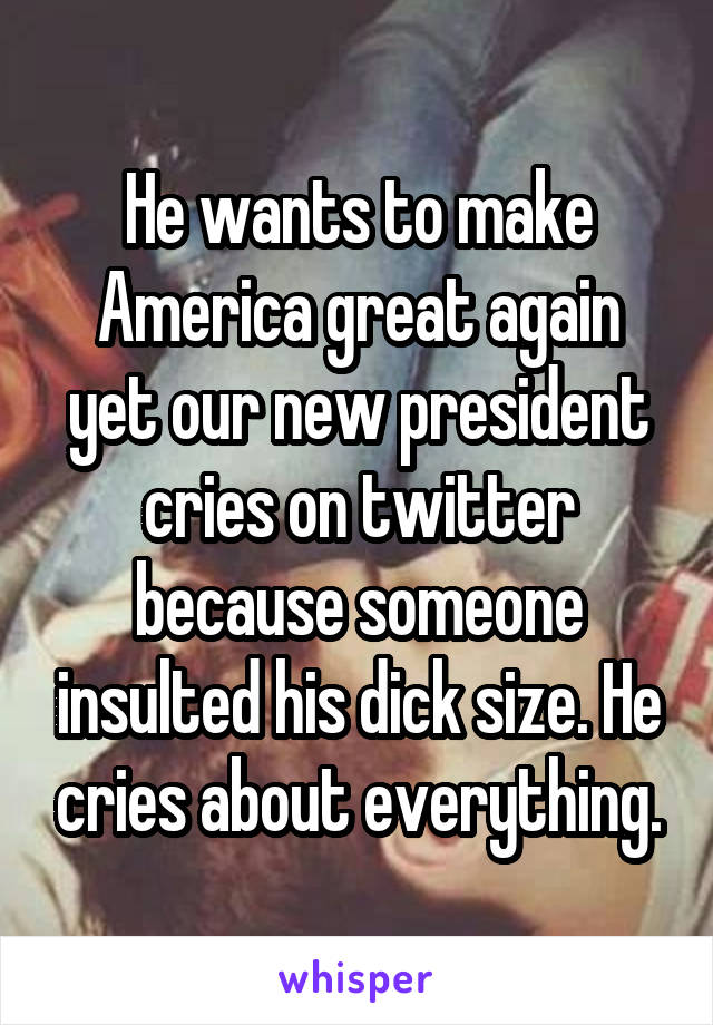 He wants to make America great again yet our new president cries on twitter because someone insulted his dick size. He cries about everything.