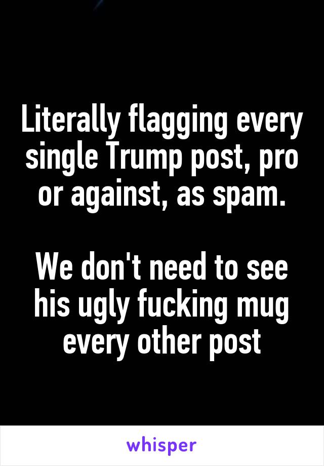 Literally flagging every single Trump post, pro or against, as spam.

We don't need to see his ugly fucking mug every other post