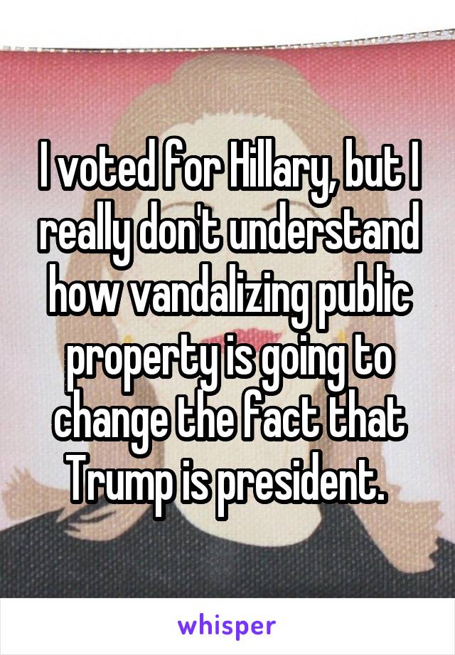 I voted for Hillary, but I really don't understand how vandalizing public property is going to change the fact that Trump is president. 