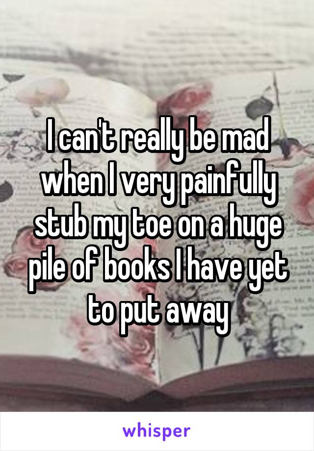 I can't really be mad when I very painfully stub my toe on a huge pile of books I have yet to put away