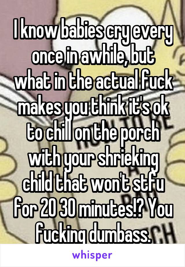 I know babies cry every once in awhile, but what in the actual fuck makes you think it's ok to chill on the porch with your shrieking child that won't stfu for 20 30 minutes!? You fucking dumbass.