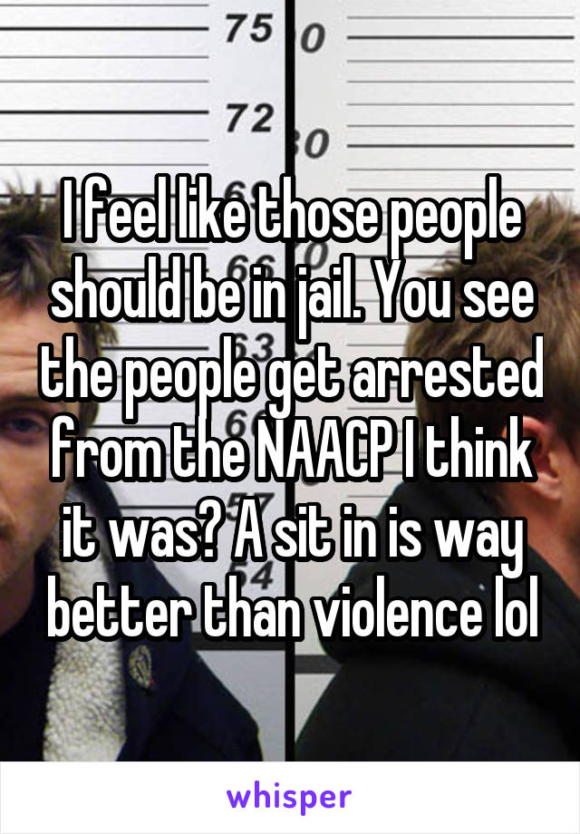 I feel like those people should be in jail. You see the people get arrested from the NAACP I think it was? A sit in is way better than violence lol