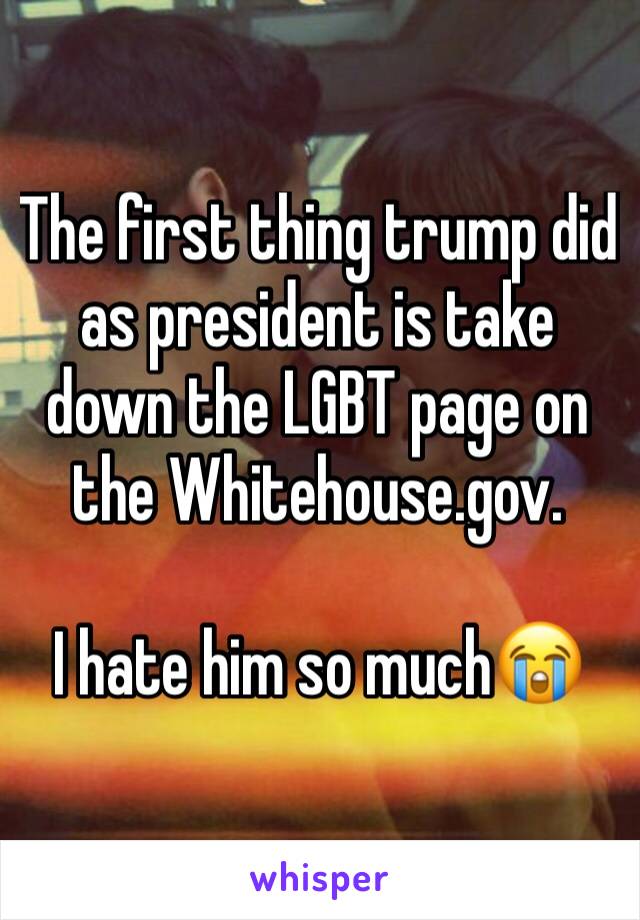 The first thing trump did as president is take down the LGBT page on the Whitehouse.gov.

I hate him so much😭