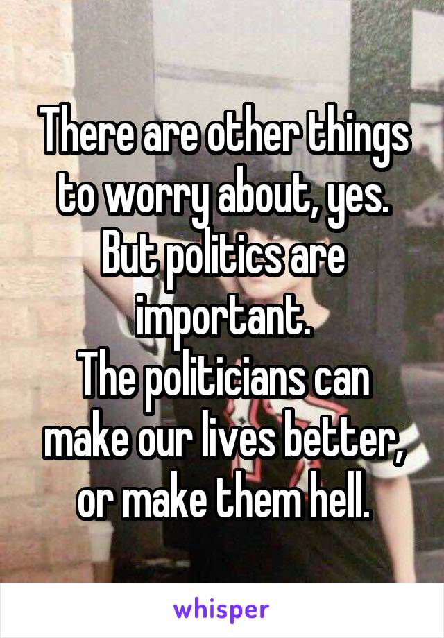 There are other things to worry about, yes.
But politics are important.
The politicians can make our lives better, or make them hell.