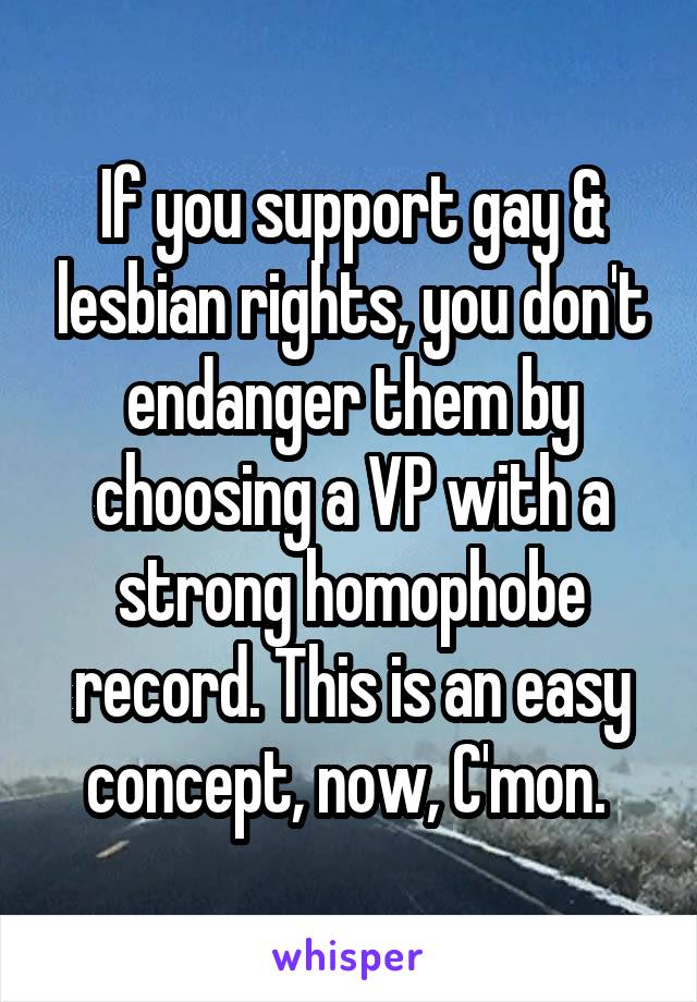 If you support gay & lesbian rights, you don't endanger them by choosing a VP with a strong homophobe record. This is an easy concept, now, C'mon. 