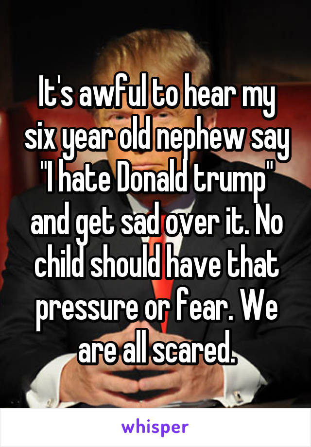 It's awful to hear my six year old nephew say "I hate Donald trump" and get sad over it. No child should have that pressure or fear. We are all scared.