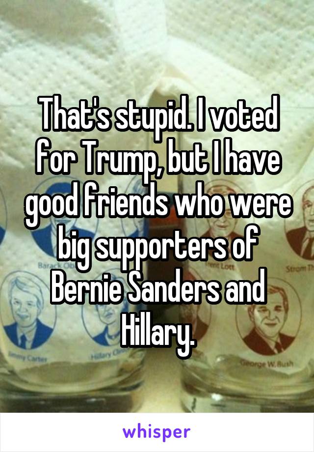 That's stupid. I voted for Trump, but I have good friends who were big supporters of Bernie Sanders and Hillary.