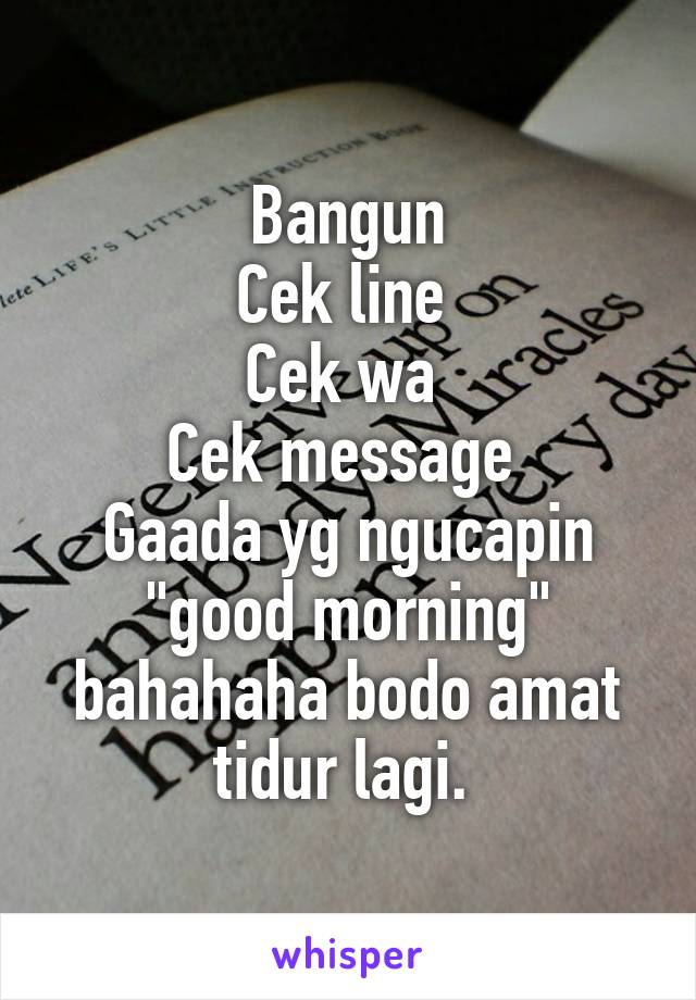 Bangun
Cek line 
Cek wa 
Cek message 
Gaada yg ngucapin "good morning" bahahaha bodo amat tidur lagi. 