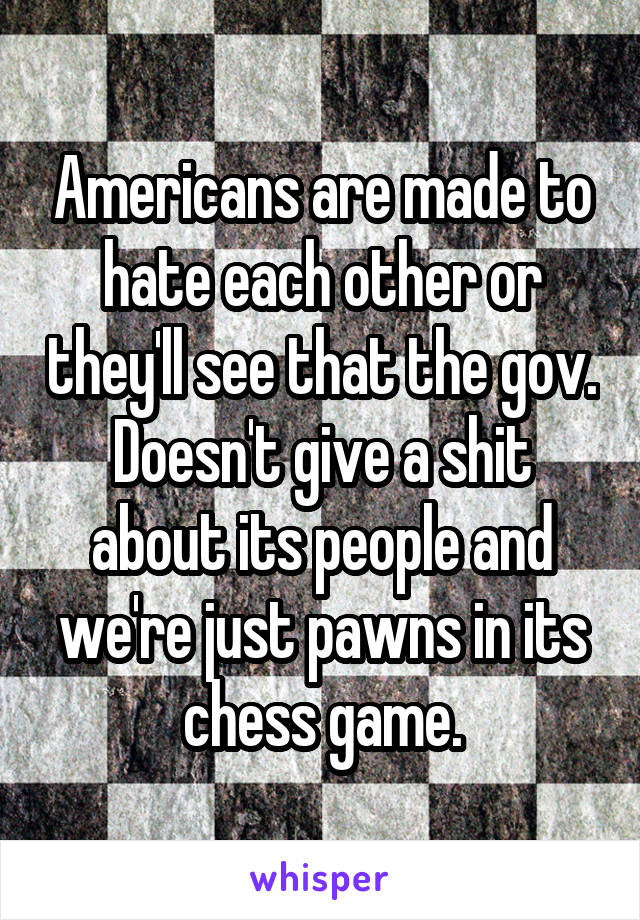 Americans are made to hate each other or they'll see that the gov. Doesn't give a shit about its people and we're just pawns in its chess game.