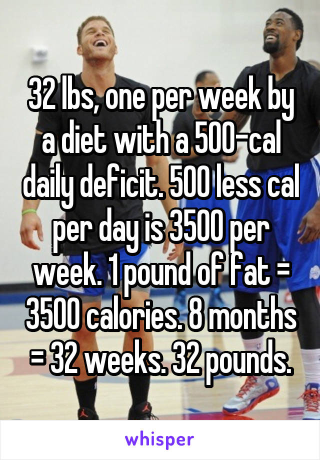 32 lbs, one per week by a diet with a 500-cal daily deficit. 500 less cal per day is 3500 per week. 1 pound of fat = 3500 calories. 8 months = 32 weeks. 32 pounds.