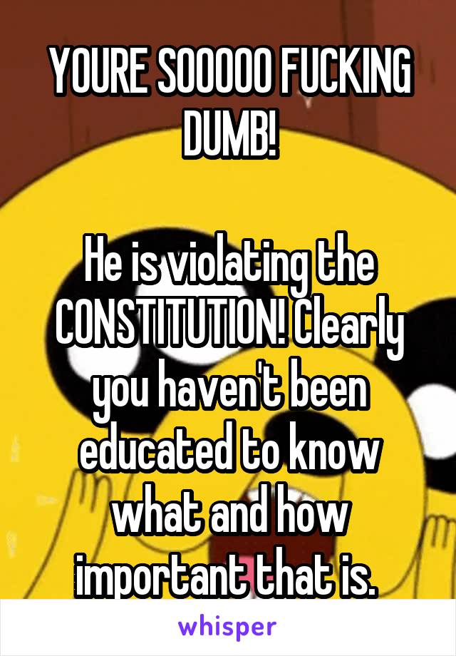 YOURE SOOOOO FUCKING DUMB!

He is violating the CONSTITUTION! Clearly you haven't been educated to know what and how important that is. 