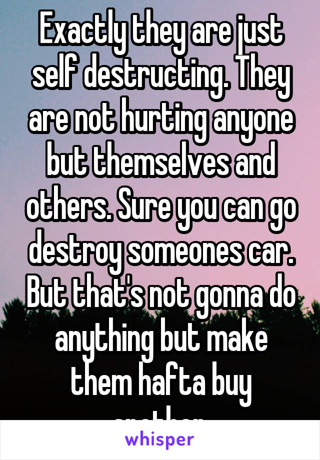 Exactly they are just self destructing. They are not hurting anyone but themselves and others. Sure you can go destroy someones car. But that's not gonna do anything but make them hafta buy another.