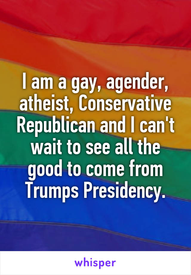 I am a gay, agender, atheist, Conservative Republican and I can't wait to see all the good to come from Trumps Presidency.
