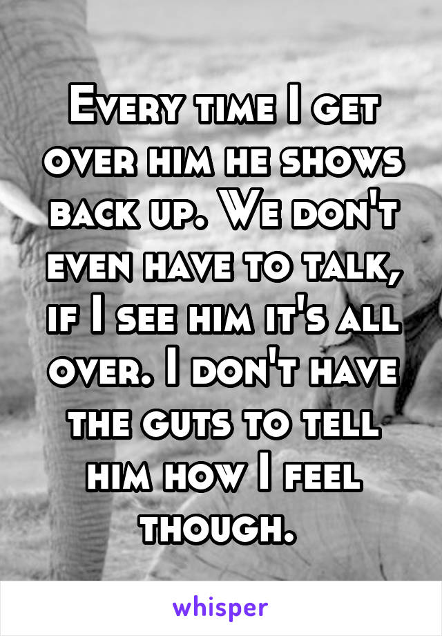 Every time I get over him he shows back up. We don't even have to talk, if I see him it's all over. I don't have the guts to tell him how I feel though. 