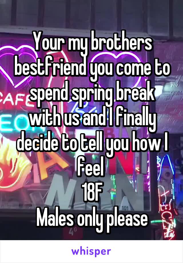 Your my brothers bestfriend you come to spend spring break with us and I finally decide to tell you how I feel 
18F
Males only please