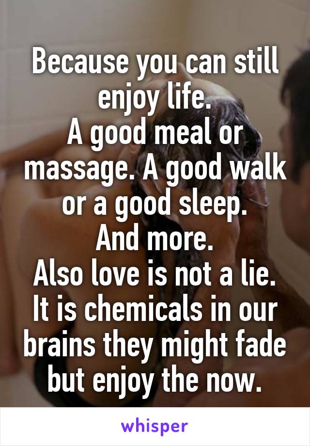 Because you can still enjoy life.
A good meal or massage. A good walk or a good sleep.
And more.
Also love is not a lie. It is chemicals in our brains they might fade but enjoy the now.