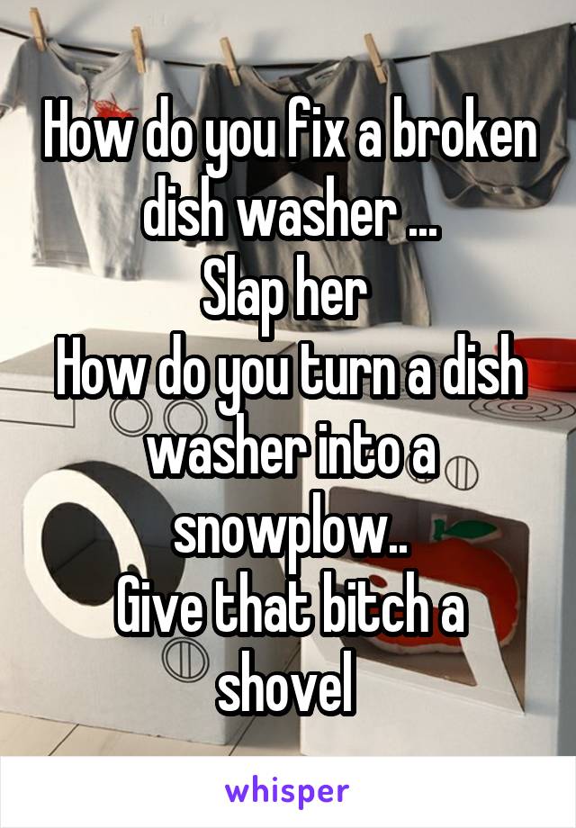 How do you fix a broken dish washer ...
Slap her 
How do you turn a dish washer into a snowplow..
Give that bitch a shovel 