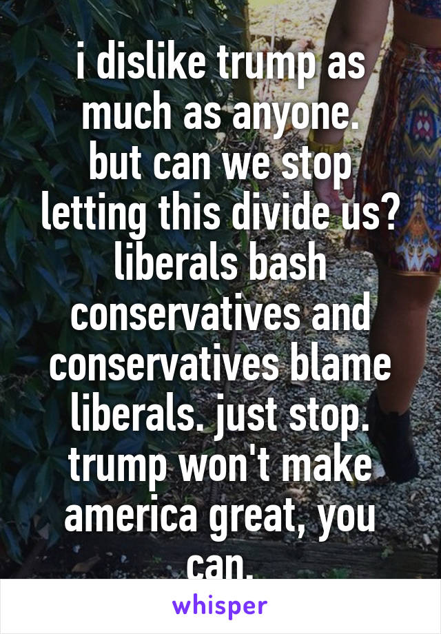 i dislike trump as much as anyone.
but can we stop letting this divide us? liberals bash conservatives and conservatives blame liberals. just stop. trump won't make america great, you can.