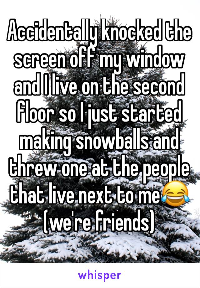 Accidentally knocked the screen off my window and I live on the second floor so I just started making snowballs and threw one at the people that live next to me😂(we're friends)