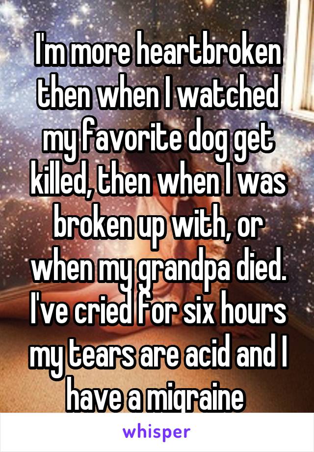 I'm more heartbroken then when I watched my favorite dog get killed, then when I was broken up with, or when my grandpa died. I've cried for six hours my tears are acid and I have a migraine 