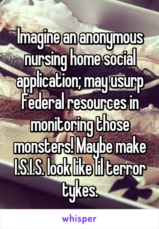 Imagine an anonymous nursing home social application; may usurp Federal resources in monitoring those monsters! Maybe make I.S.I.S. look like lil terror tykes.