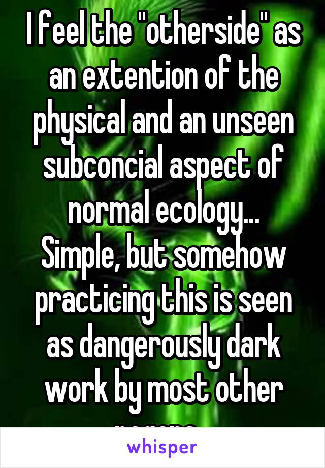 I feel the "otherside" as an extention of the physical and an unseen subconcial aspect of normal ecology...
Simple, but somehow practicing this is seen as dangerously dark work by most other pagans...