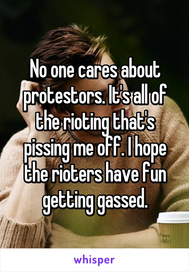 No one cares about protestors. It's all of the rioting that's pissing me off. I hope the rioters have fun getting gassed.