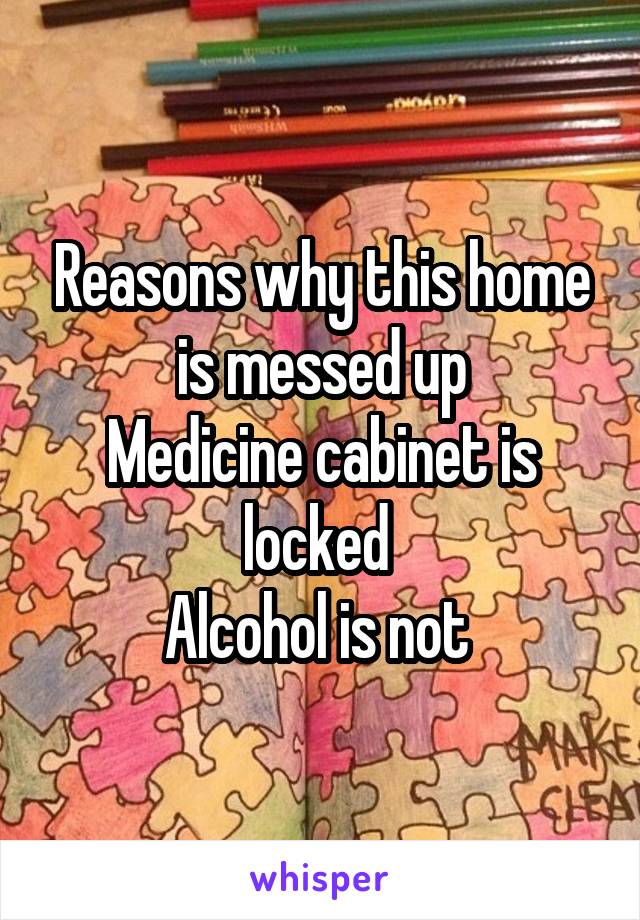 Reasons why this home is messed up
Medicine cabinet is locked 
Alcohol is not 