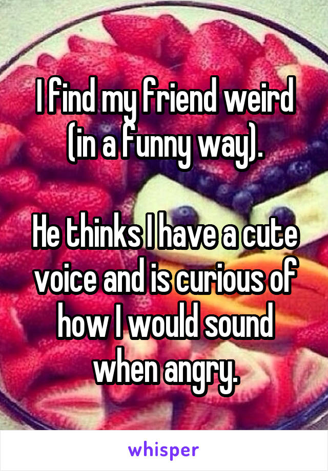 I find my friend weird (in a funny way).

He thinks I have a cute voice and is curious of how I would sound when angry.