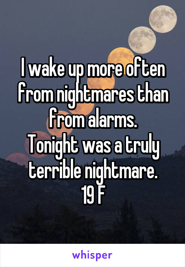 I wake up more often from nightmares than from alarms.
Tonight was a truly terrible nightmare.
19 F