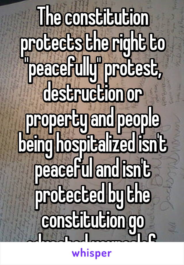 The constitution protects the right to "peacefully" protest, destruction or property and people being hospitalized isn't peaceful and isn't protected by the constitution go educated youreslef 