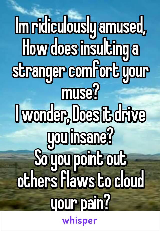 Im ridiculously amused,
How does insulting a stranger comfort your muse?
I wonder, Does it drive you insane?
So you point out others flaws to cloud your pain?