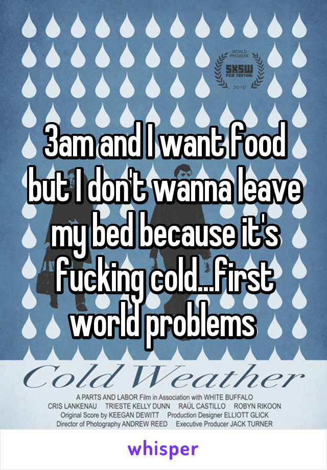 3am and I want food but I don't wanna leave my bed because it's fucking cold...first world problems 