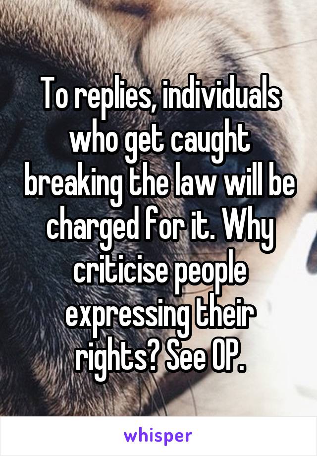 To replies, individuals who get caught breaking the law will be charged for it. Why criticise people expressing their rights? See OP.