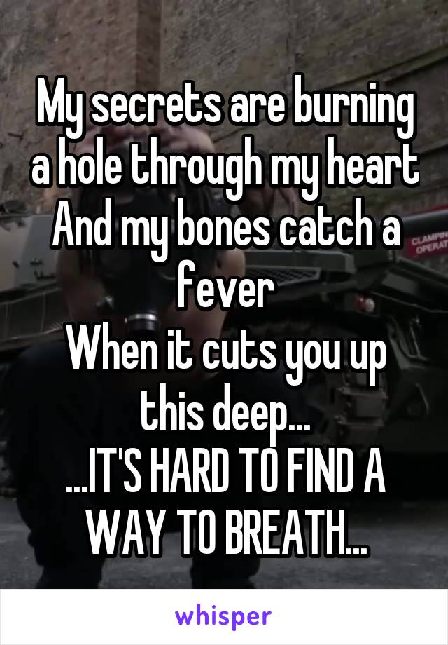 My secrets are burning a hole through my heart
And my bones catch a fever
When it cuts you up this deep...
...IT'S HARD TO FIND A WAY TO BREATH...