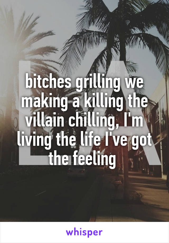 bitches grilling we making a killing the villain chilling, I'm living the life I've got the feeling 