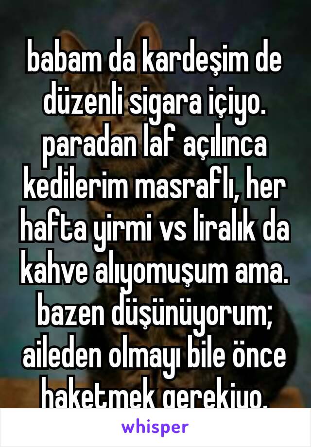 babam da kardeşim de düzenli sigara içiyo.
paradan laf açılınca kedilerim masraflı, her hafta yirmi vs liralık da kahve alıyomuşum ama.
bazen düşünüyorum; aileden olmayı bile önce haketmek gerekiyo.