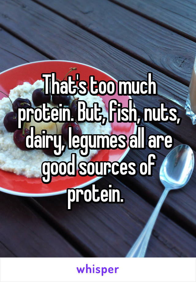 That's too much protein. But, fish, nuts, dairy, legumes all are good sources of protein.  