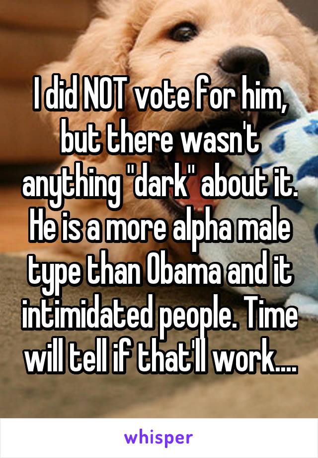 I did NOT vote for him, but there wasn't anything "dark" about it. He is a more alpha male type than Obama and it intimidated people. Time will tell if that'll work....