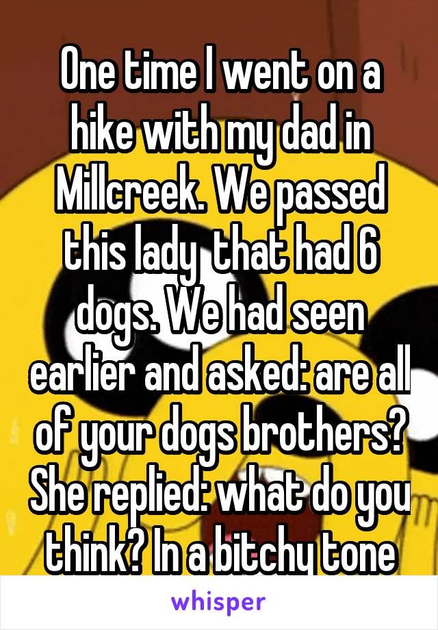 One time I went on a hike with my dad in Millcreek. We passed this lady  that had 6 dogs. We had seen earlier and asked: are all of your dogs brothers? She replied: what do you think? In a bitchy tone