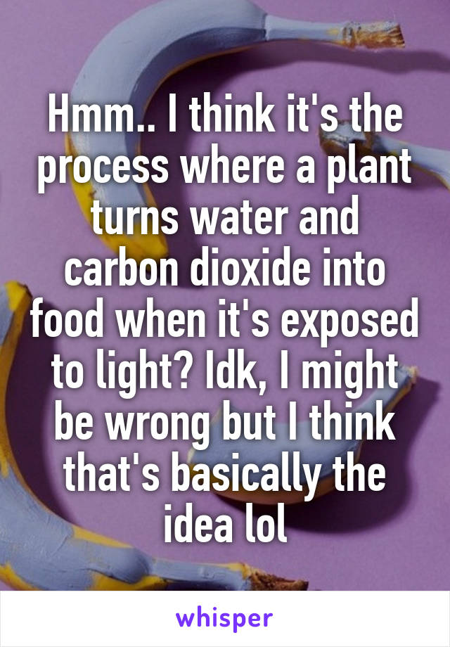 Hmm.. I think it's the process where a plant turns water and carbon dioxide into food when it's exposed to light? Idk, I might be wrong but I think that's basically the idea lol